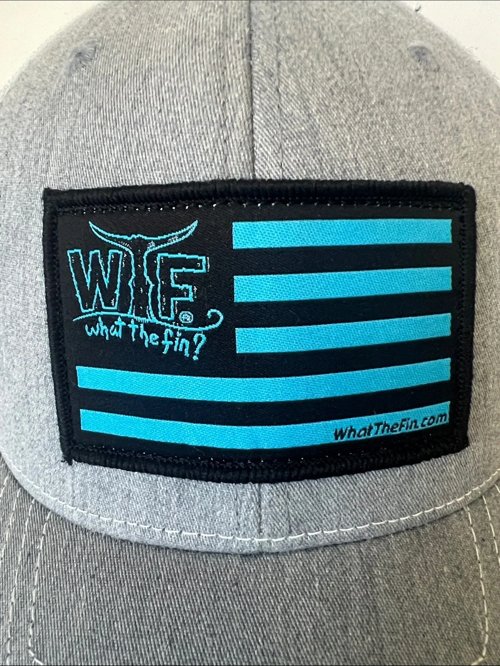 WTF What The Fin? Grey & Blue Patch Trucker Hat
